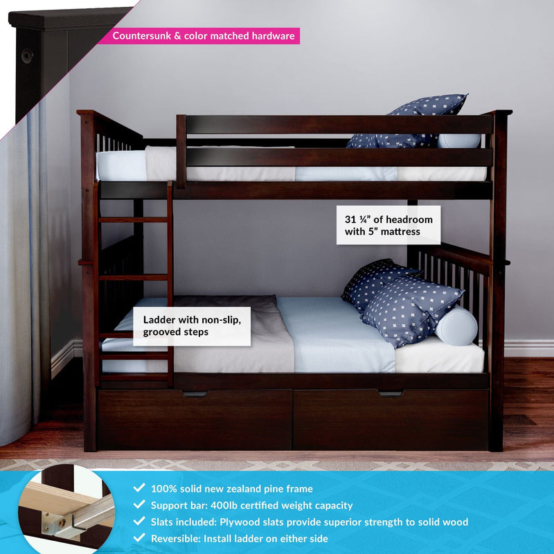 Solid wood bunk bed with storage, featuring non-slip ladder, dark wood finish, and spacious headroom.