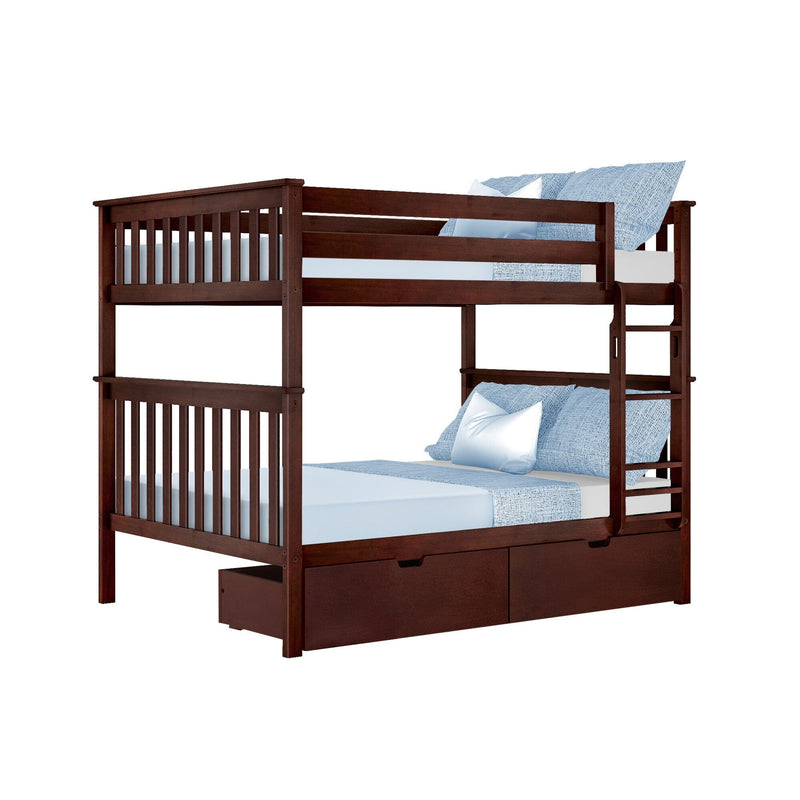 Dark wood bunk bed with blue bedding and storage drawers beneath.
