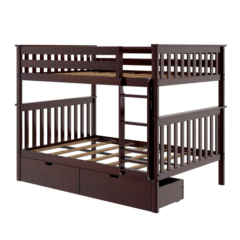 Wooden bunk bed with storage drawers and ladder.
