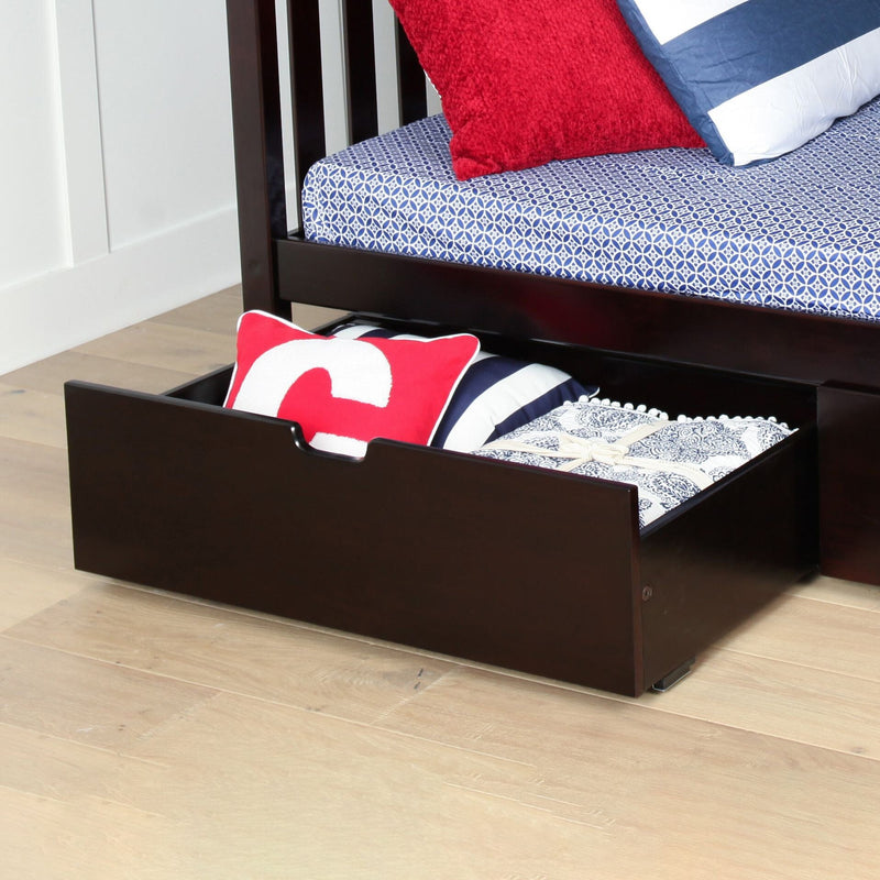 Underbed storage drawer with colorful pillows and bedding in a modern bedroom.