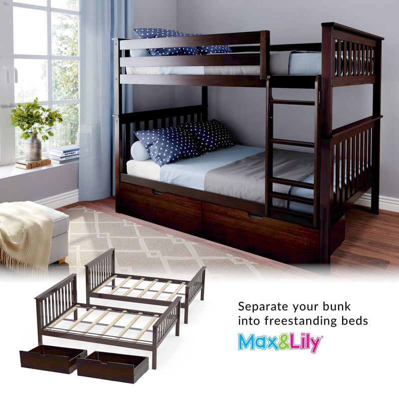 Dark wood bunk bed with storage drawers and the option to separate into twin beds by Max & Lily, ideal for modern children's rooms.