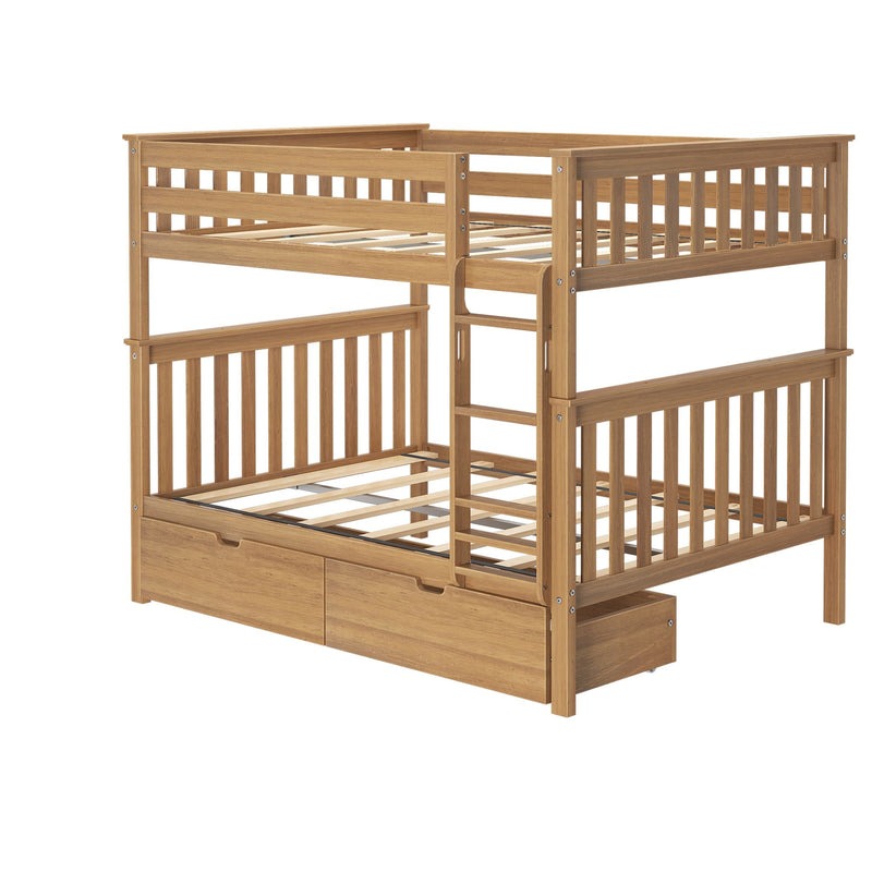 Natural oak wooden bunk bed with ladder, slatted guardrails and under-bed storage drawers — space-saving kids' bedroom furniture