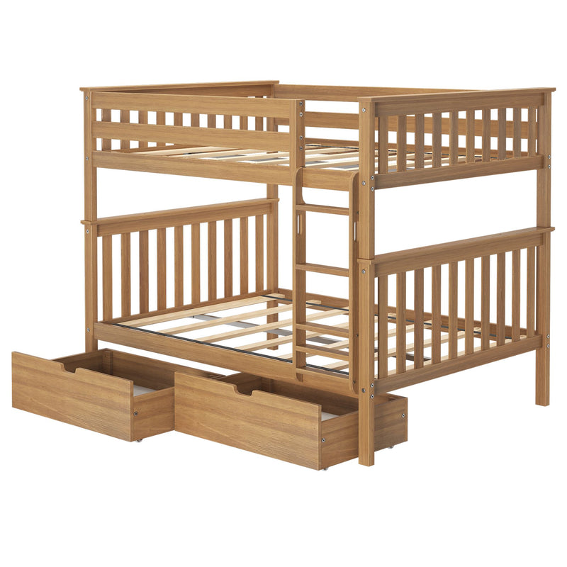 Natural light-wood twin-over-twin bunk bed with slatted rails, built-in ladder and under-bed pull-out storage drawers — space-saving wooden bunk bed for kids' bedrooms