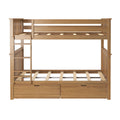 Solid wood twin-over-twin bunk bed frame in natural oak finish with guardrails, built-in ladder, slatted mattress supports and two under-bed storage drawers