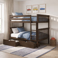 Solid wood twin-over-twin bunk bed with ladder and under-bed storage drawers in a children's bedroom styled with blue bedding, framed vintage car prints and a wicker basket holding a basketball
