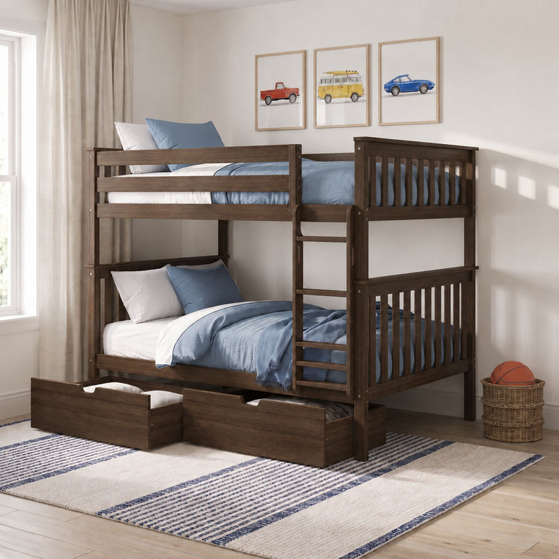 Solid wood twin-over-twin bunk bed with ladder and under-bed storage drawers in a children's bedroom styled with blue bedding, framed vintage car prints and a wicker basket holding a basketball