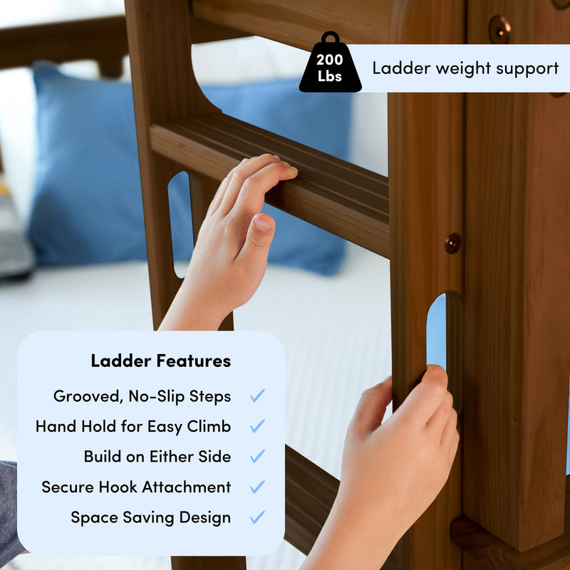 Close-up of child’s hands climbing a wooden bunk bed ladder with grooved no-slip steps, hand hold for easy climb, secure hook attachment and 200 lb weight support, space-saving design.