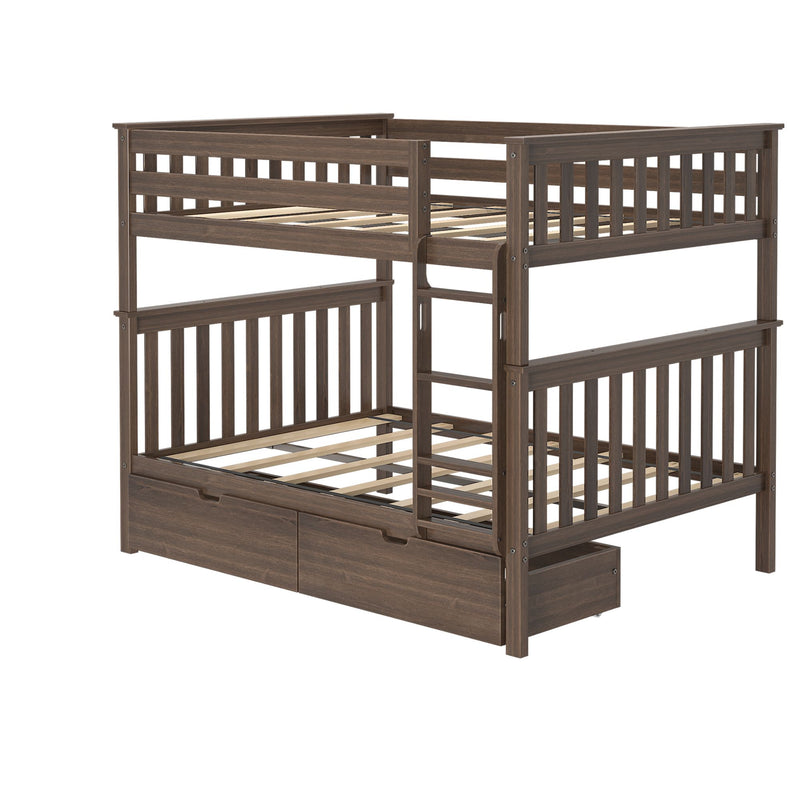 Dark brown wooden loft-style bunk bed with slatted guardrails, built-in ladder, wooden slats and under-bed storage drawers, modern space-saving frame