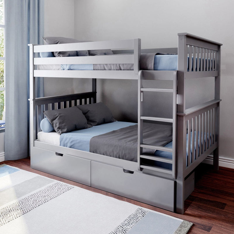 Gray wooden bunk bed with blue and gray bedding in a modern bedroom.