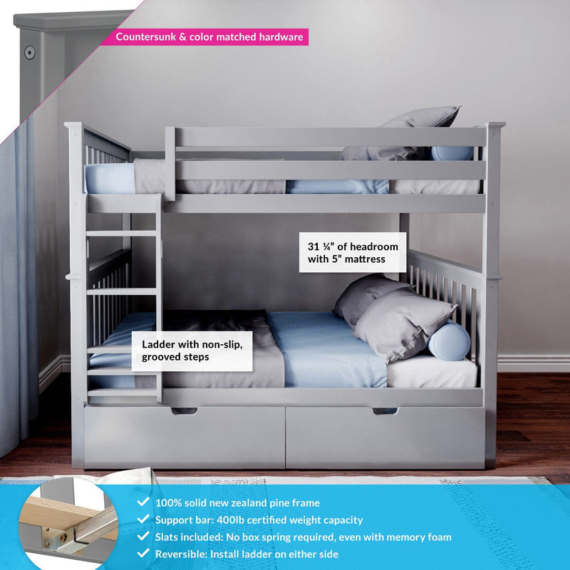 High-quality grey bunk bed with solid New Zealand pine frame, non-slip ladder, 400lb weight capacity, and ample headroom.