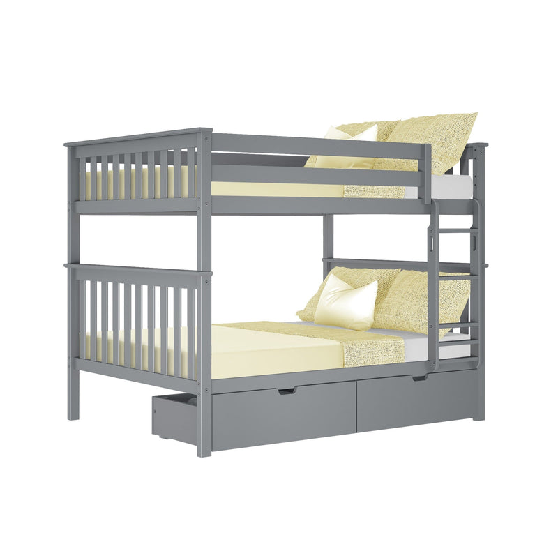 Gray wooden bunk bed with yellow bedding and built-in storage drawers.