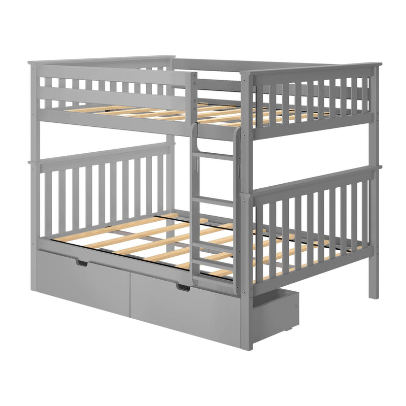 Gray wooden bunk bed with ladder and storage drawers underneath.