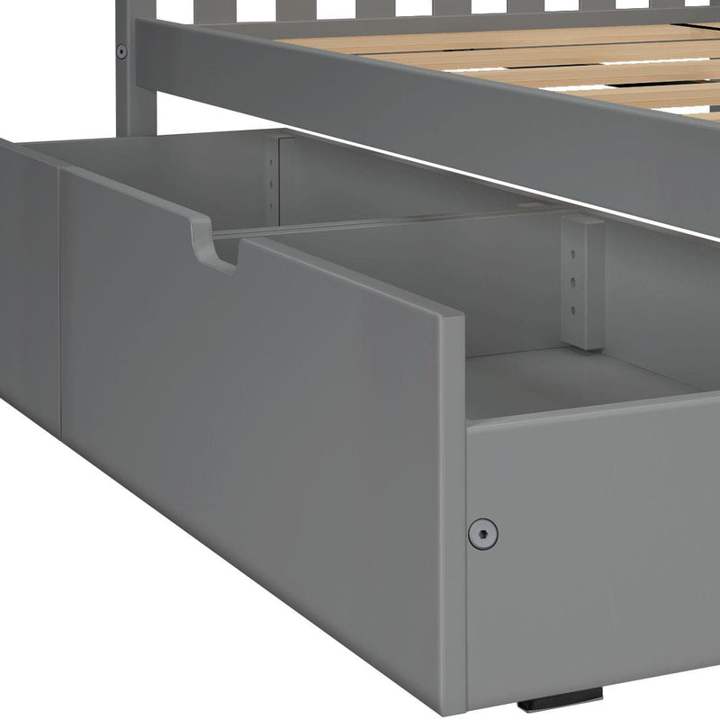 Grey wooden bed frame with built-in storage drawers underneath.
