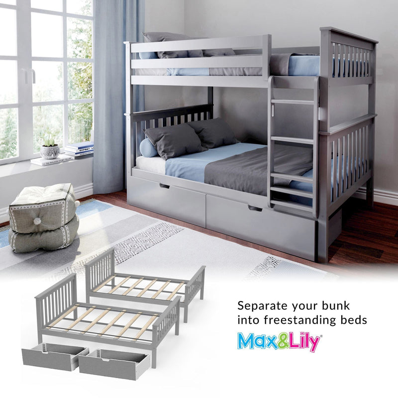 Gray twin bunk bed with two drawers underneath, convertible to freestanding beds, in a modern bedroom setting next to a large window.