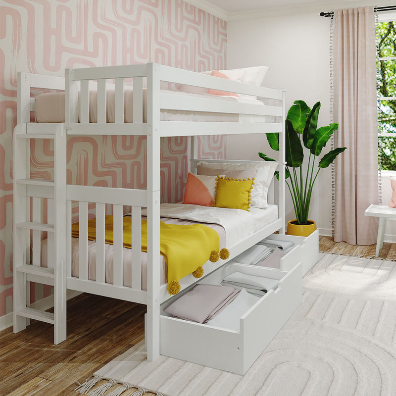White bunk bed with yellow and pink bedding in a modern kids' room with geometric wallpaper and potted plant.