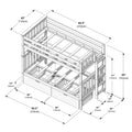 Isometric diagram of a wooden loft bunk bed with ladder, slatted guardrails and under-bed storage drawers, annotated with detailed dimensions (82.5" / 210 cm length, 43" / 110 cm depth)
