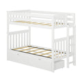 White wooden twin-over-full bunk bed with ladder, slatted mattress supports and under-bed storage drawers for kids bedroom furniture