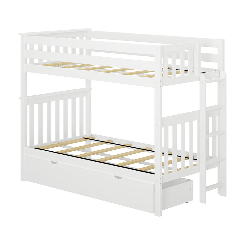 White wooden twin-over-full bunk bed with ladder, slatted mattress supports and under-bed storage drawers for kids bedroom furniture