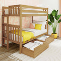 Modern wooden twin-over-twin bunk bed with ladder and under-bed storage drawers in pastel kids' room with yellow bedding and plant