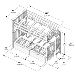 Wooden bunk bed dimensions diagram with measurements for space optimization in kids' bedroom furniture.