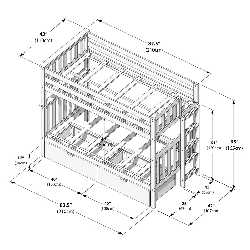 Twin-over-full wooden bunk bed with trundle drawers and ladder — assembly diagram with dimensions 82.5 in × 43 in × 65 in (210 × 110 × 165 cm), slatted guardrails and mattress supports