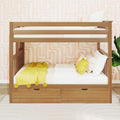 Modern wooden twin bunk bed with under-bed storage drawers, white linens and yellow accent pillows against pink geometric wallpaper