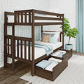 Twin-over-full dark walnut bunk bed with under-bed storage drawers, ladder and light blue bedding in modern kids’ bedroom with patterned wallpaper and potted plant