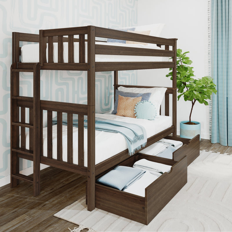 Twin-over-full dark walnut bunk bed with under-bed storage drawers, ladder and light blue bedding in modern kids’ bedroom with patterned wallpaper and potted plant