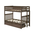 Two-tier dark brown wooden bunk bed with slatted guard rails, side ladder and built-in underbed storage drawers, modern kids' bedroom furniture