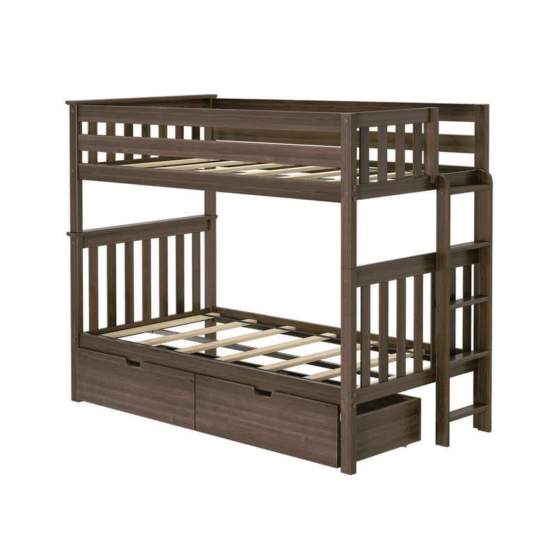 Two-tier dark brown wooden bunk bed with slatted guard rails, side ladder and built-in underbed storage drawers, modern kids' bedroom furniture