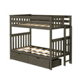 Twin-over-full gray wood bunk bed with ladder, slatted guardrails and two under-bed storage drawers