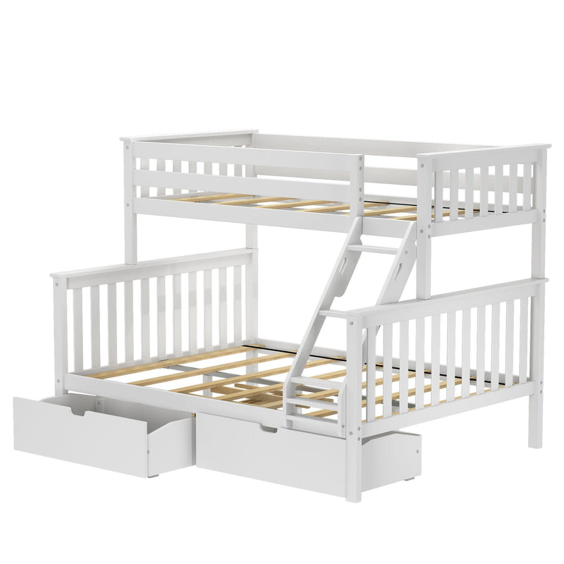 White wooden twin-over-full bunk bed with angled ladder, slatted guard rails and two under-bed storage drawers on a solid wood frame