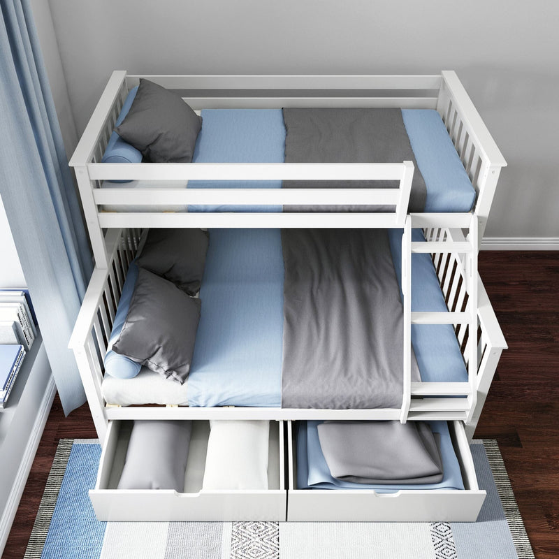 White wooden bunk bed with blue and gray bedding, featuring built-in storage drawers on a hardwood floor.