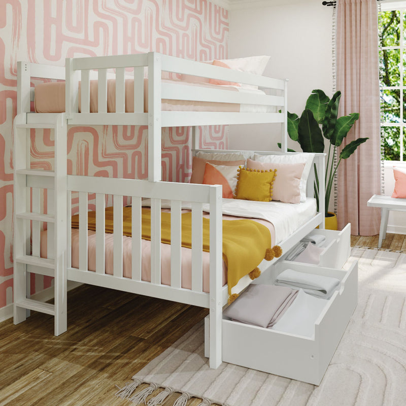 White wooden bunk bed with under-bed storage drawers in a modern girls' bedroom with pink geometric wallpaper, blush and mustard bedding, ladder and potted plant by a sunny window