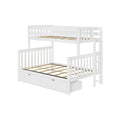 White wooden twin-over-full bunk bed with ladder and two under-bed storage drawers, slatted rails, space-saving kids' bedroom design