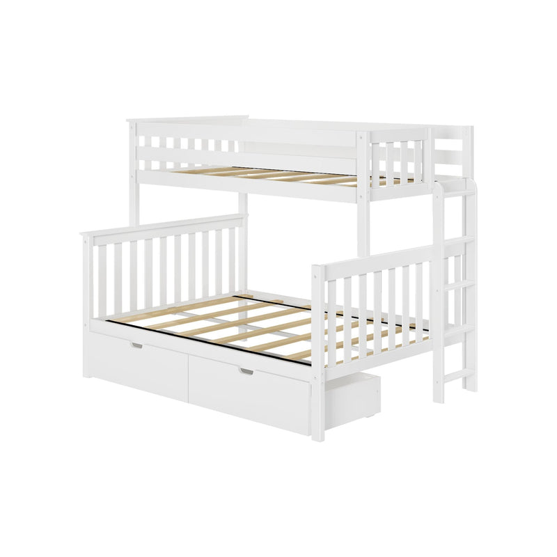 White wooden twin-over-full bunk bed with ladder and two under-bed storage drawers, slatted rails, space-saving kids' bedroom design