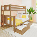 Modern solid wood twin bunk bed with built-in storage drawers, white and yellow bedding, pink abstract wallpaper and potted plant in a bright children's bedroom