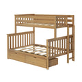 Children's wooden bunk bed frame with ladder and built-in under-bed storage drawers in light natural wood finish, isolated on white background
