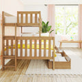 Wooden bunk bed in bright children's bedroom with yellow bedding, pink geometric wallpaper, sunlit window, pink curtains and indoor plant