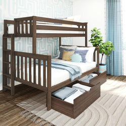187335-008 : Bunk Beds Twin over Full Bunk Bed with Ladder on End and Storage Drawers, Walnut