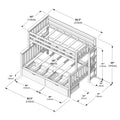 Isometric line drawing of a wooden twin-over-full bunk bed frame with ladder, under-bed drawers, slatted mattress supports and labeled dimensions (inches/cm)