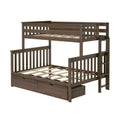 Dark brown wooden bunk bed with ladder, slatted guardrails, wooden slats and built-in under-bed storage drawers