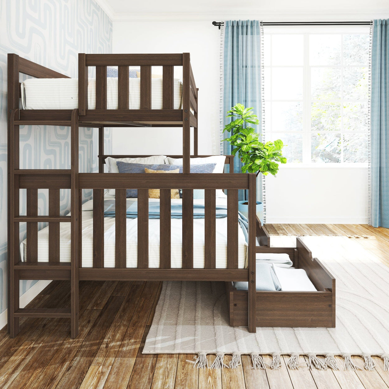 187335-008 : Bunk Beds Twin over Full Bunk Bed with Ladder on End and Storage Drawers, Walnut