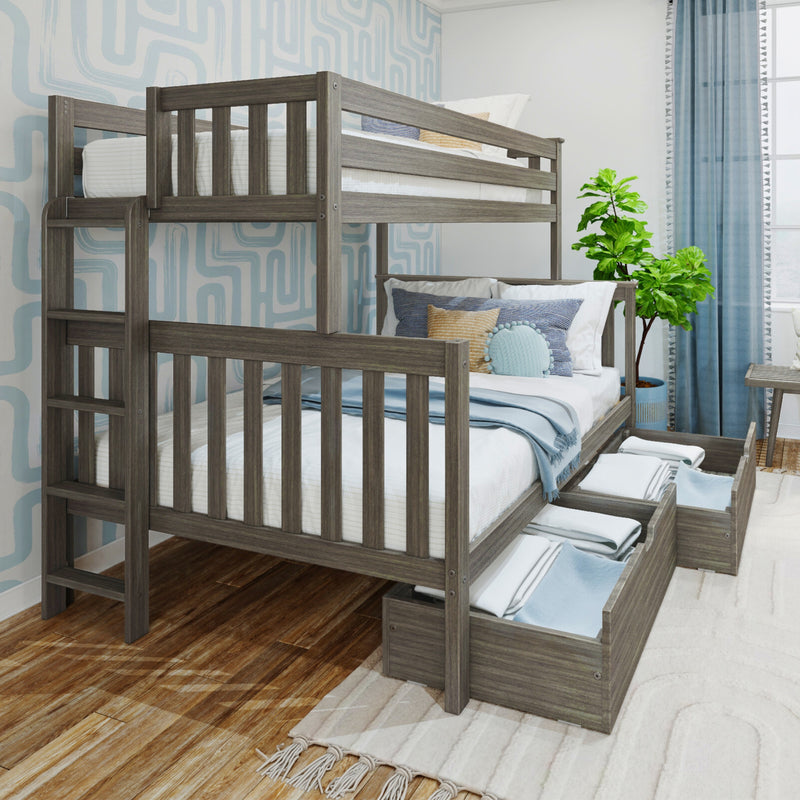 Gray wooden twin-over-full bunk bed with built-in under-bed storage drawers, ladder and blue bedding in a modern kids' bedroom with patterned wallpaper, hardwood floors and potted plant
