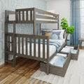 Gray wooden twin-over-full bunk bed with built-in under-bed storage drawers, ladder and blue bedding in a modern kids' bedroom with patterned wallpaper, hardwood floors and potted plant