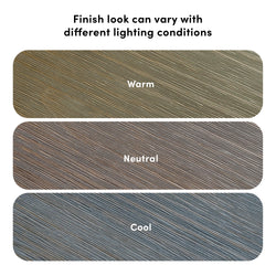 Three textured wood finish swatches labeled Warm, Neutral, Cool showing how color, tone and grain vary under different lighting conditions