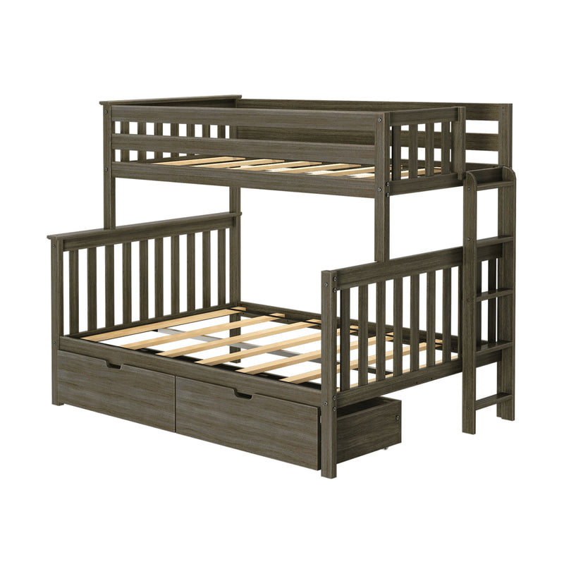 Gray wood twin-over-full bunk bed with ladder and two under-bed storage drawers, slatted headboards and guardrails — space-saving kids' bedroom furniture