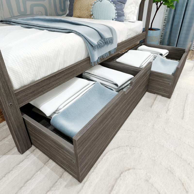 Modern wooden platform bed with built-in under-bed storage drawers neatly holding folded white linens and blue blankets, a light blue throw and pillows in a contemporary bedroom setting