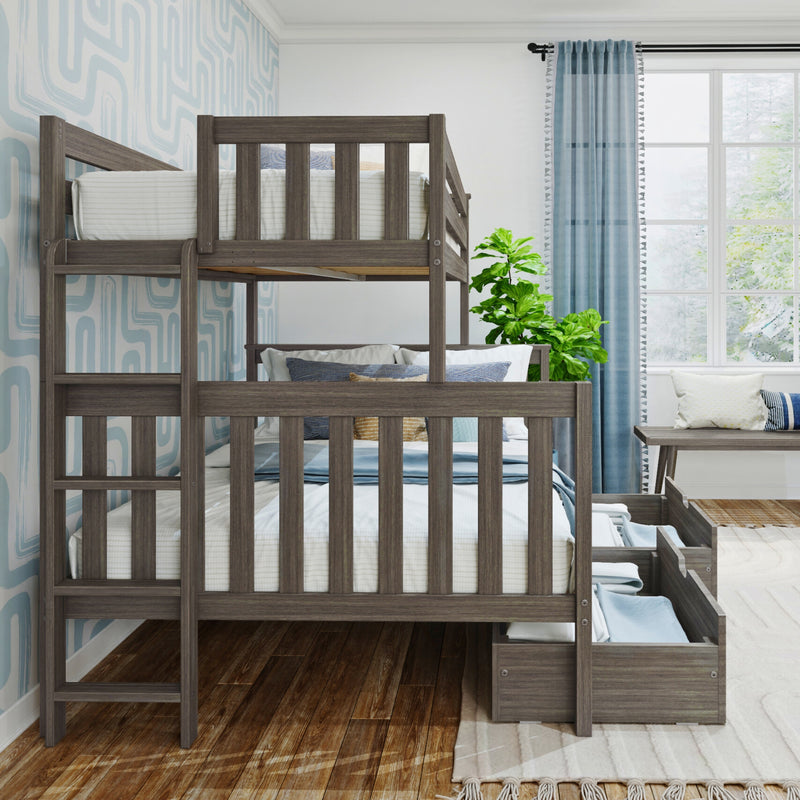 Gray wooden twin-over-full bunk bed with built-in under-bed storage drawers in a modern blue-accent kids' bedroom with hardwood floor and window