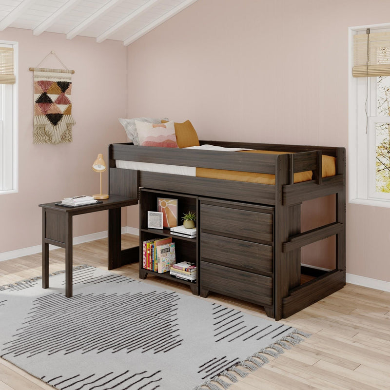 Loft bed with desk and storage drawers in a cozy children's room with pastel walls and decorative rug.